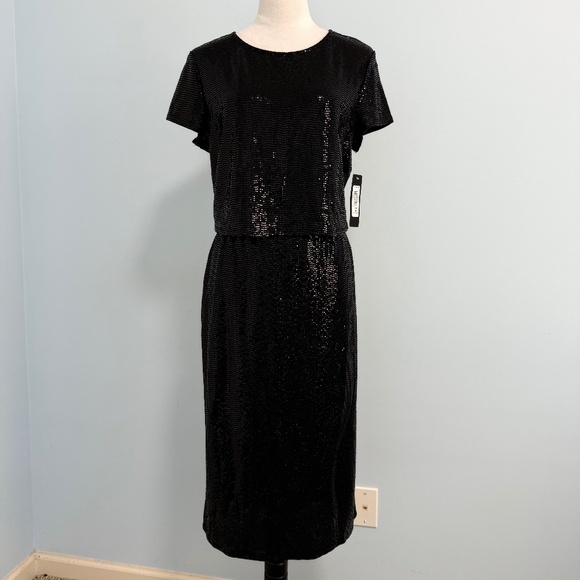 Bebe 2 piece Black Sequin set-cropped short sleeve Top and midi skirt Size XL - Picture 1 of 12